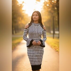 Venus Black White Houndstooth Cold Shoulder Knit Dress Size S